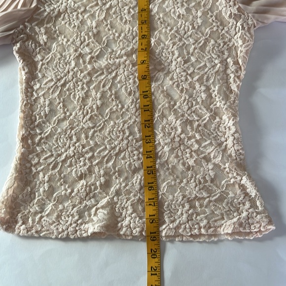 Pinky feminine sheer floral lace chiffon pleated bishop sleeve pullover pink L - Picture 12 of 14